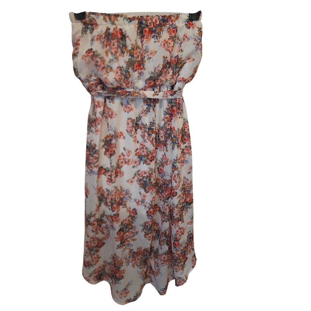 Poetry Floral Strapless Tulip Hem Dress Lace Trim White Pink Boho Medium